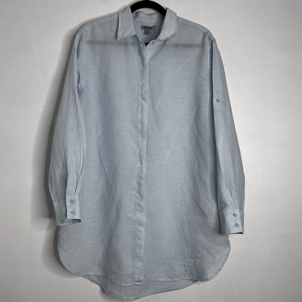 DKNY 100% Linen Tunic Shirt Women’s Size L Light Blue Roll Tab Sleeves Oversized